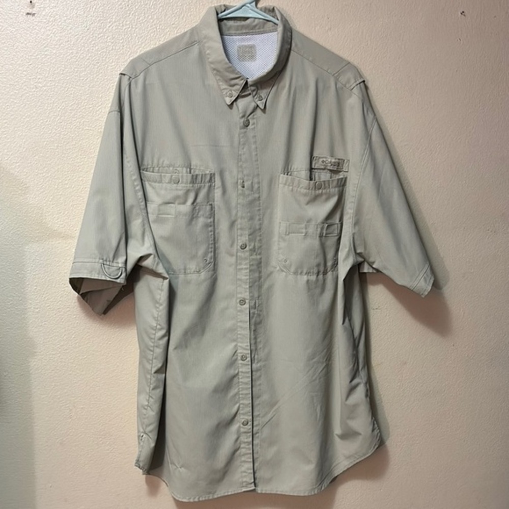 Men’s Columbia PFG Fishing Short Sleeve Button Down Shirt Tan XL Omni Shade